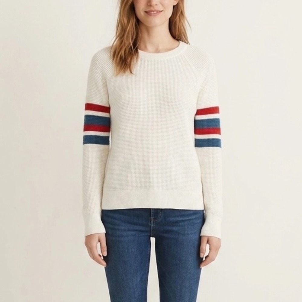 Faherty Wisp Waffle Knit Organic Cotton Cashmere Striped Sleeve Sweater Small